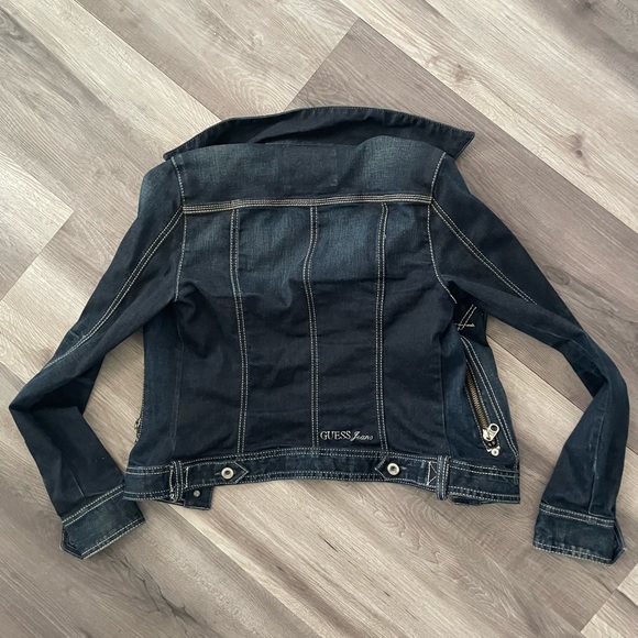 Guess women’s stretch Jean jacket dark blue zippers buttons sz petite small S/P - Picture 5 of 5
